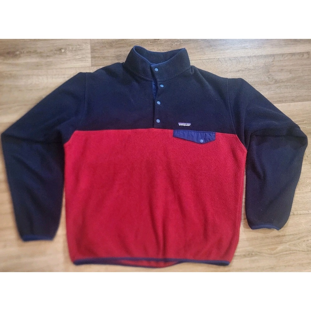 Patagonia Synchilla Jacket Mens Large Blue Red Fleece Snap T Pullover Anorak